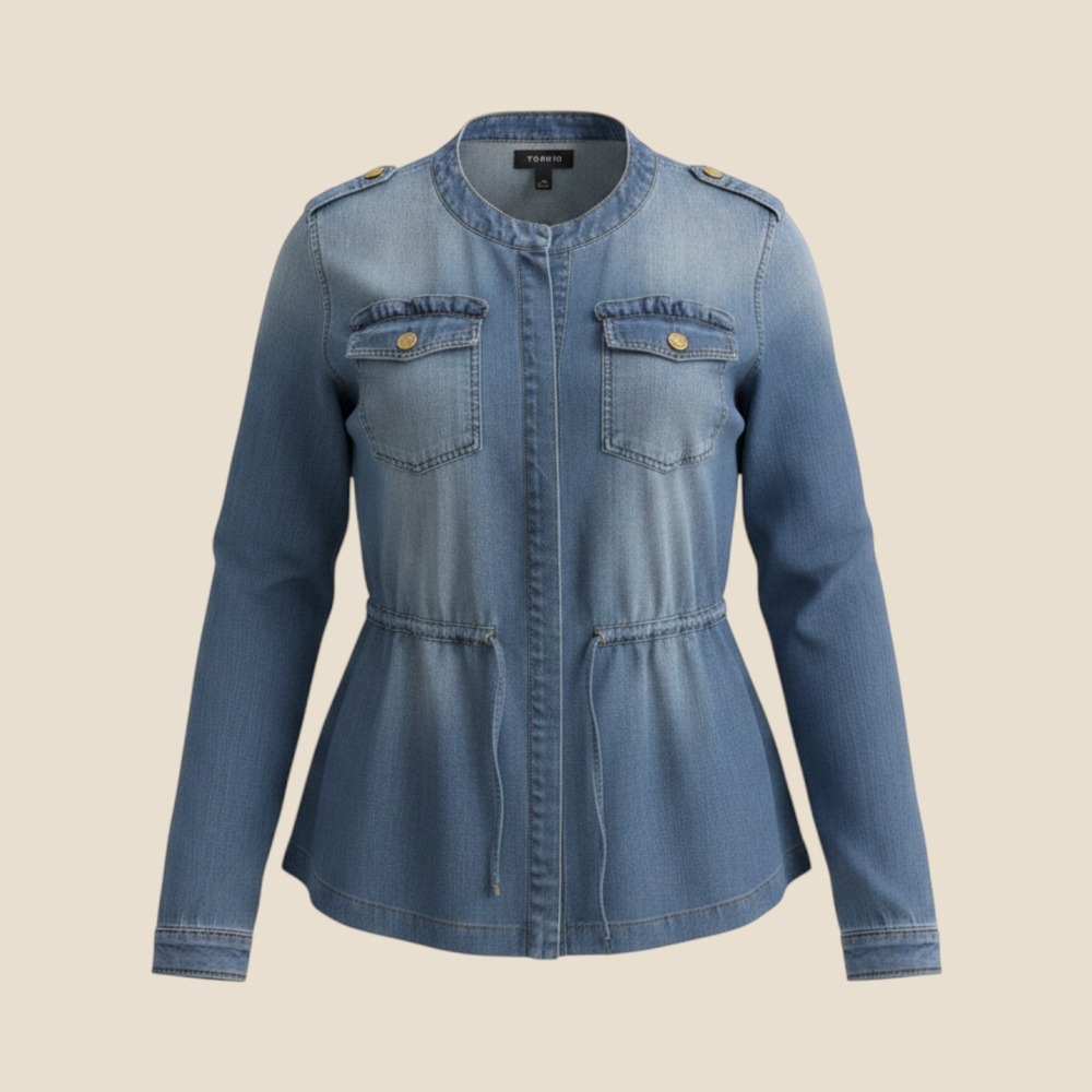 Torrid Womens Medium Wash Denim Utility Jacket Zip Frnt Drawstring Waist Size 00